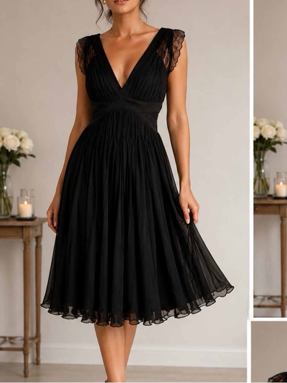 ❌ SOLD ❌Black Luca Luca Silk Cocktail Dress  with Lace Cap Sleeves